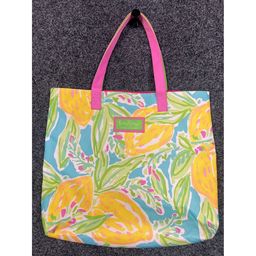 Lilly Pulitzer Estee Lauder Lemon Floral Print Canvas Tote Bag Pink Yellow Blue